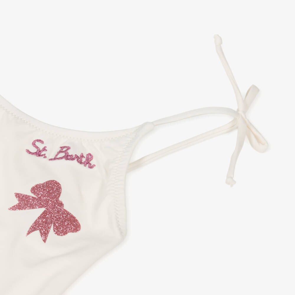 MC2 Saint Barth-Girls Ivory & Pink Glitter Bow Swimsuit | Childrensalon