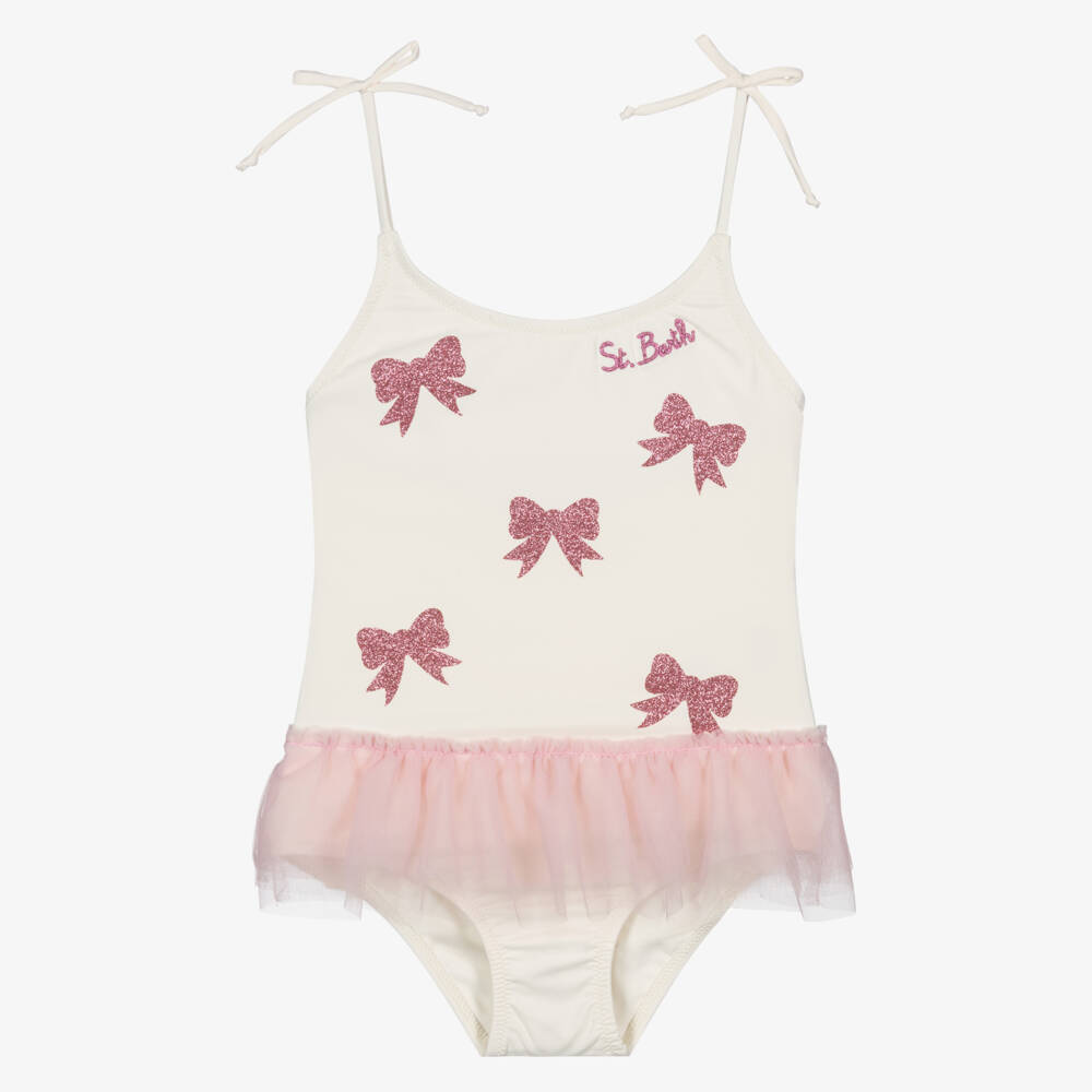 MC2 Saint Barth-Girls Ivory & Pink Glitter Bow Swimsuit | Childrensalon