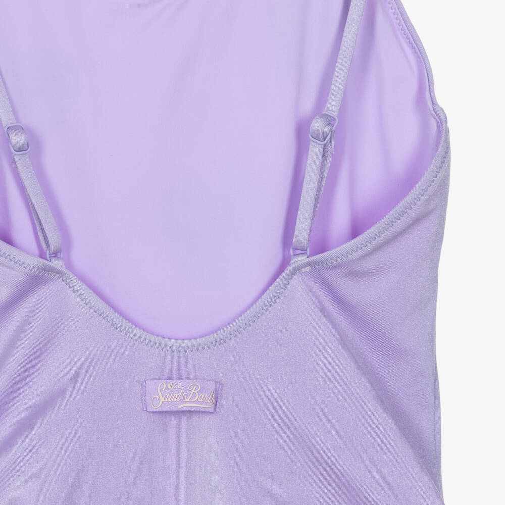 MC2 Saint Barth-Girls Lilac Purple Swimsuit with Glittery Silver Hearts | Childrensalon