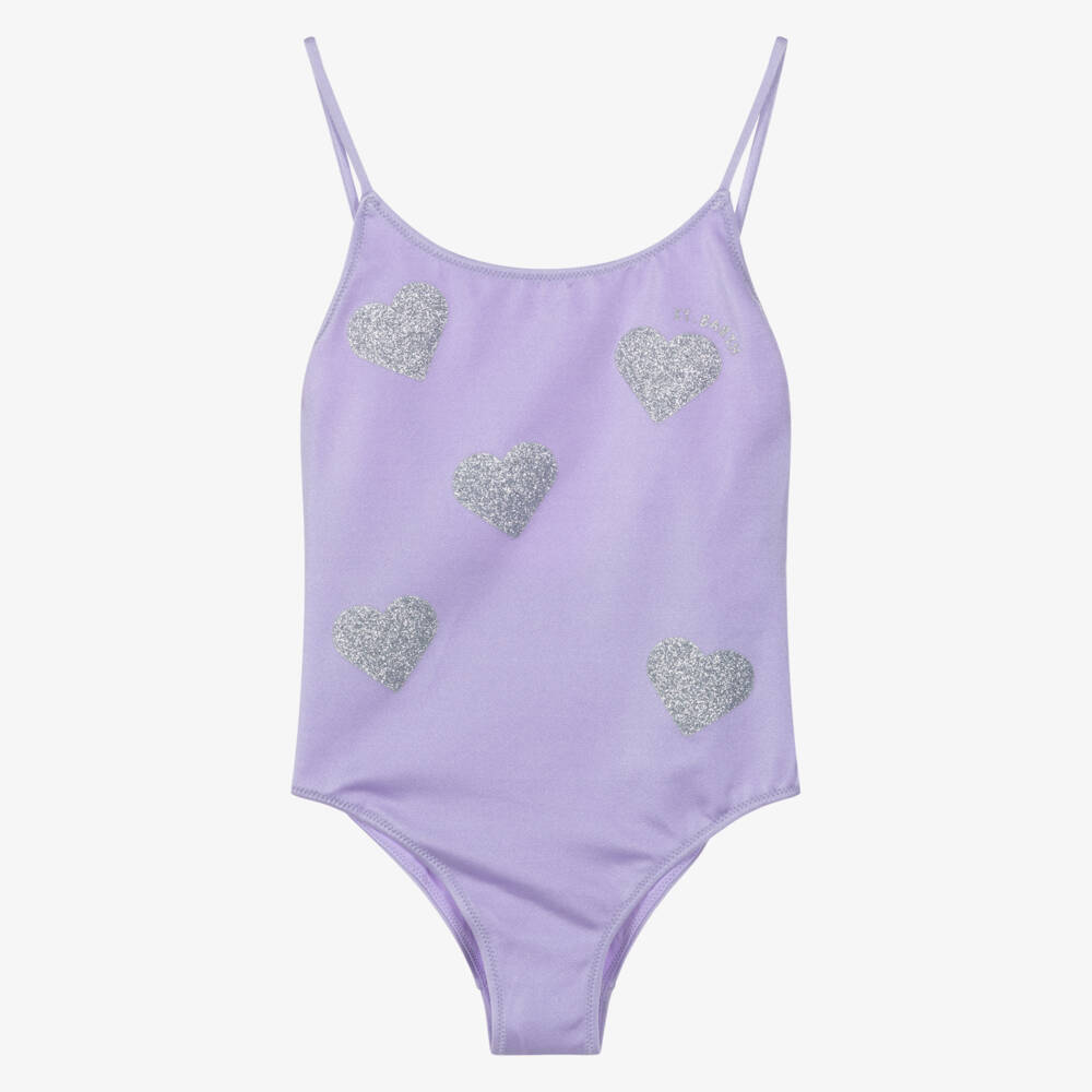 MC2 Saint Barth-Girls Lilac Purple Swimsuit with Glittery Silver Hearts | Childrensalon