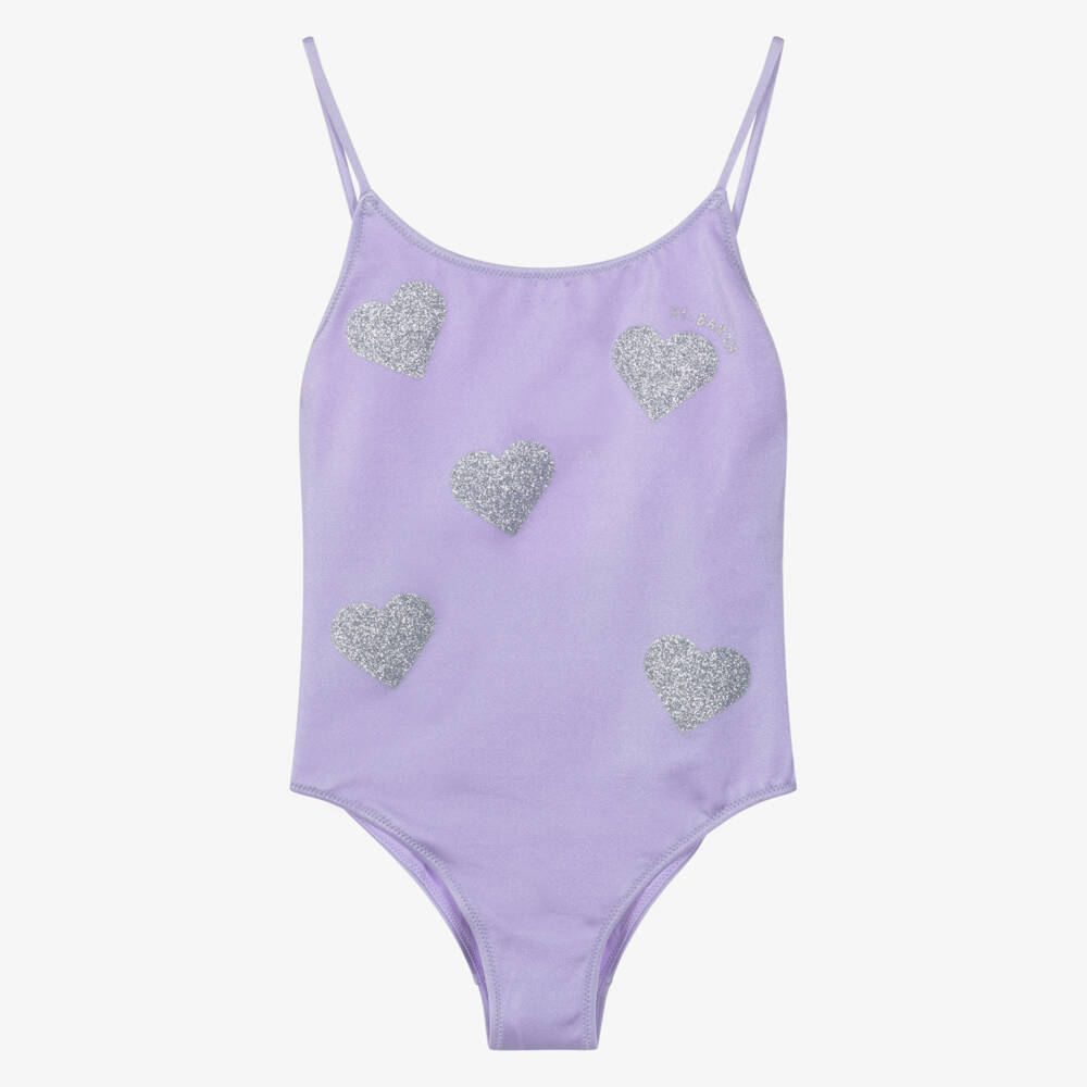 MC2 Saint Barth-مايوه لون بنفسجي ليلكي مزين بقلوب فضية لامعة للبنات  | Childrensalon