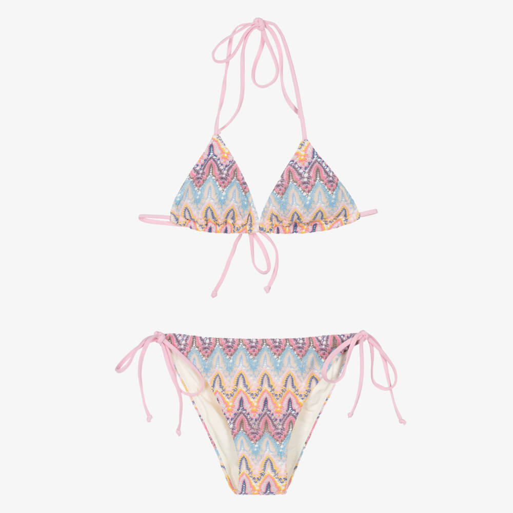 MC2 Saint Barth-Girls Pink & Blue Wave Pattern Lace Knit Bikini | Childrensalon