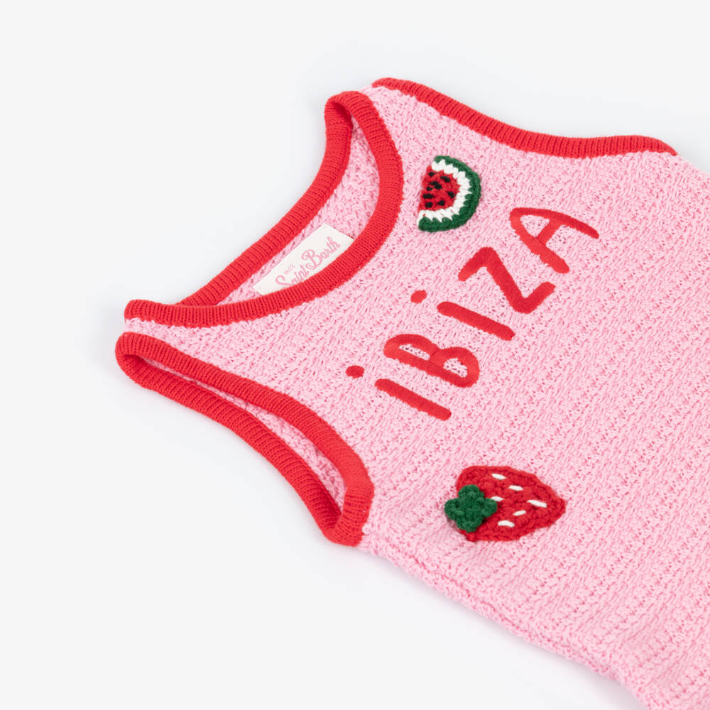 MC2 Saint Barth-Girls Pink Crochet Knit Beach Dress with Fruit Patches | Childrensalon