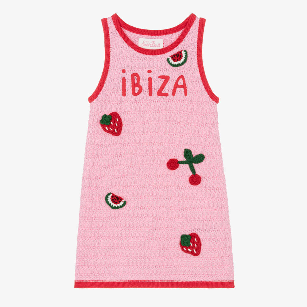 MC2 Saint Barth-Girls Pink Crochet Knit Beach Dress with Fruit Patches | Childrensalon