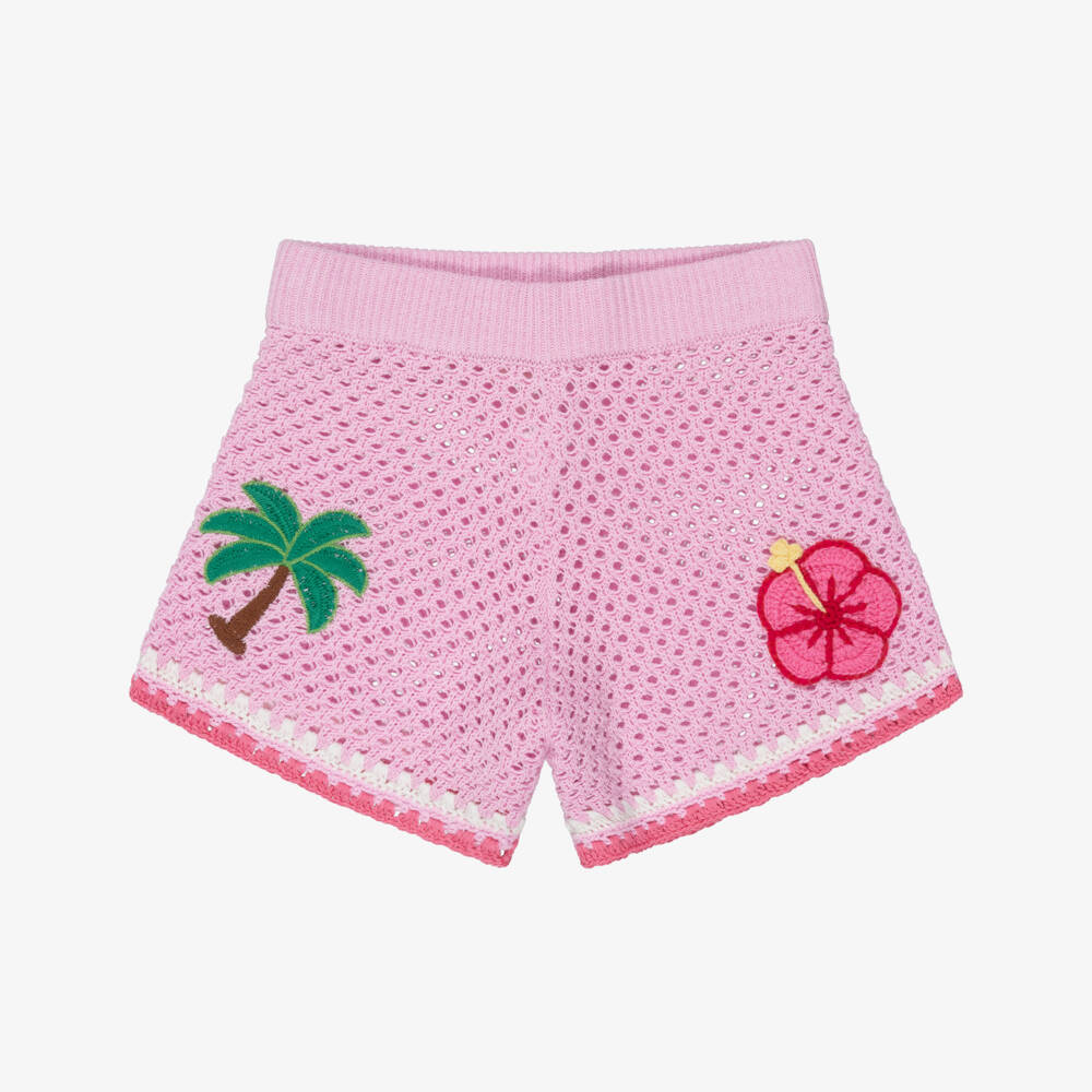 MC2 Saint Barth-Girls Pink Crochet Knit Beach Shorts with Tropical Motifs | Childrensalon
