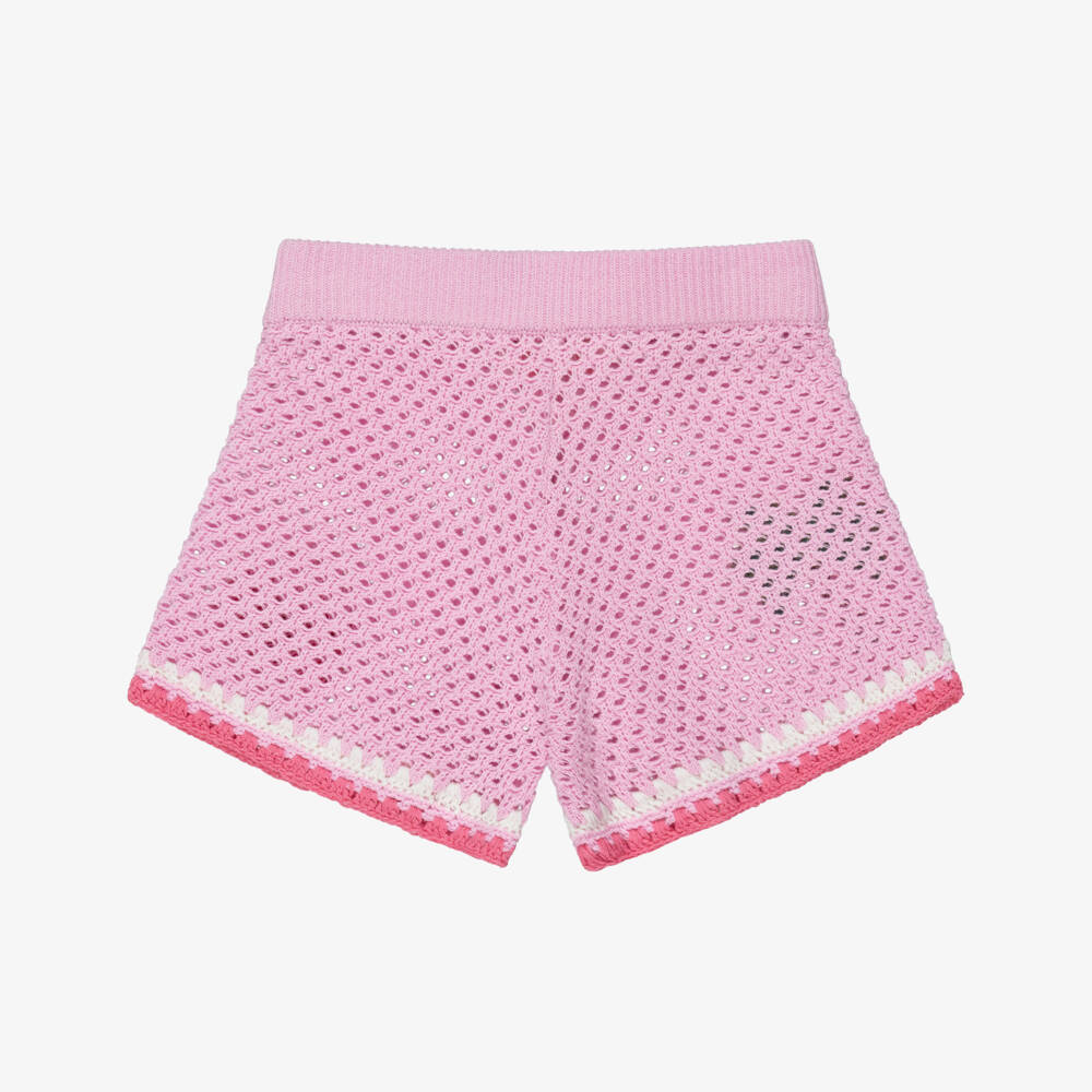 MC2 Saint Barth-Girls Pink Crochet Knit Beach Shorts with Tropical Motifs | Childrensalon