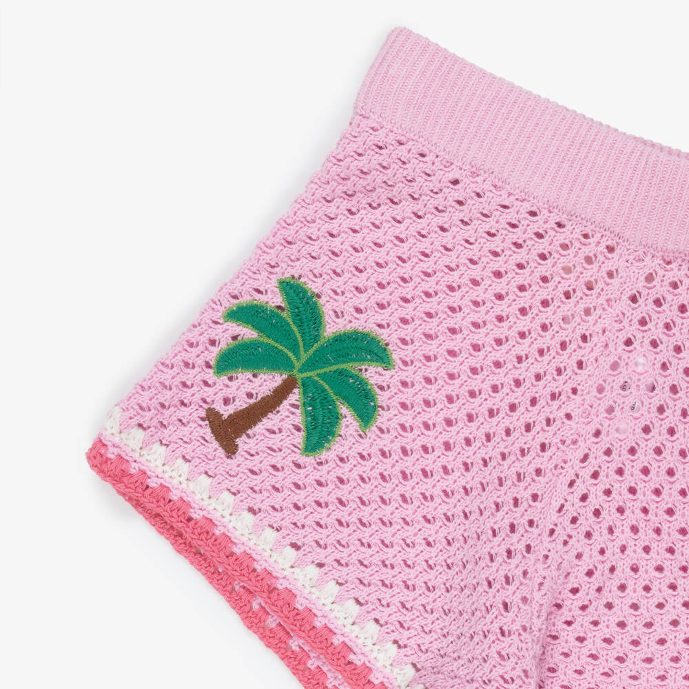 MC2 Saint Barth-Girls Pink Crochet Knit Beach Shorts with Tropical Motifs | Childrensalon