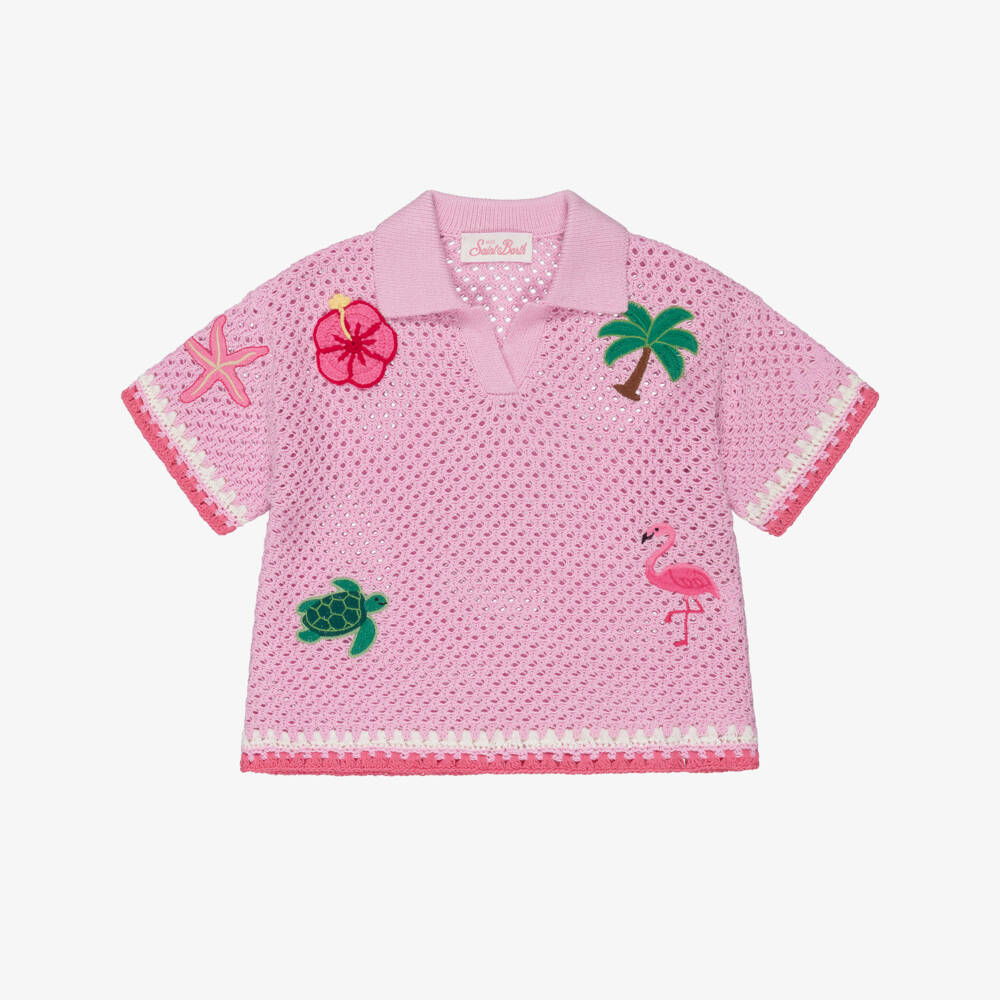 MC2 Saint Barth-Girls Pink Crochet Knit Beach Top with Tropical Motifs | Childrensalon