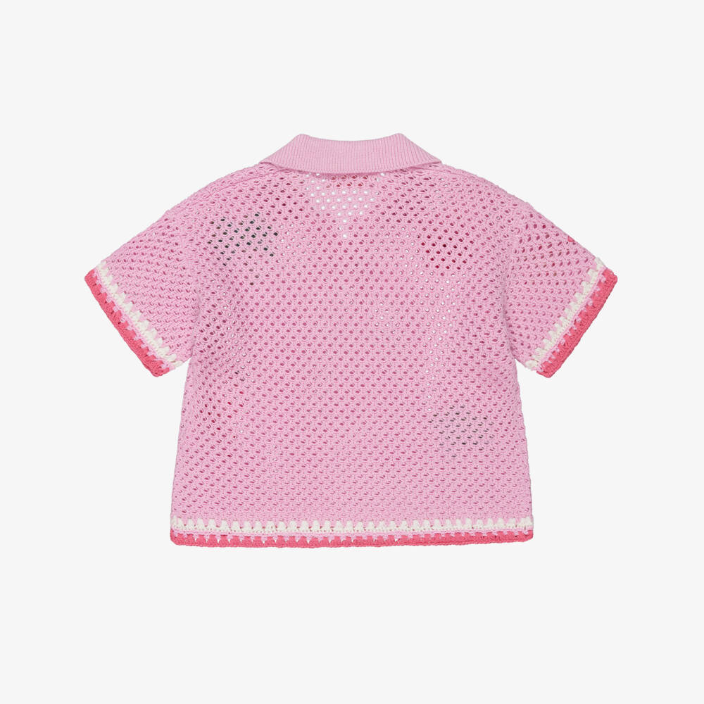 MC2 Saint Barth-Girls Pink Crochet Knit Beach Top with Tropical Motifs | Childrensalon