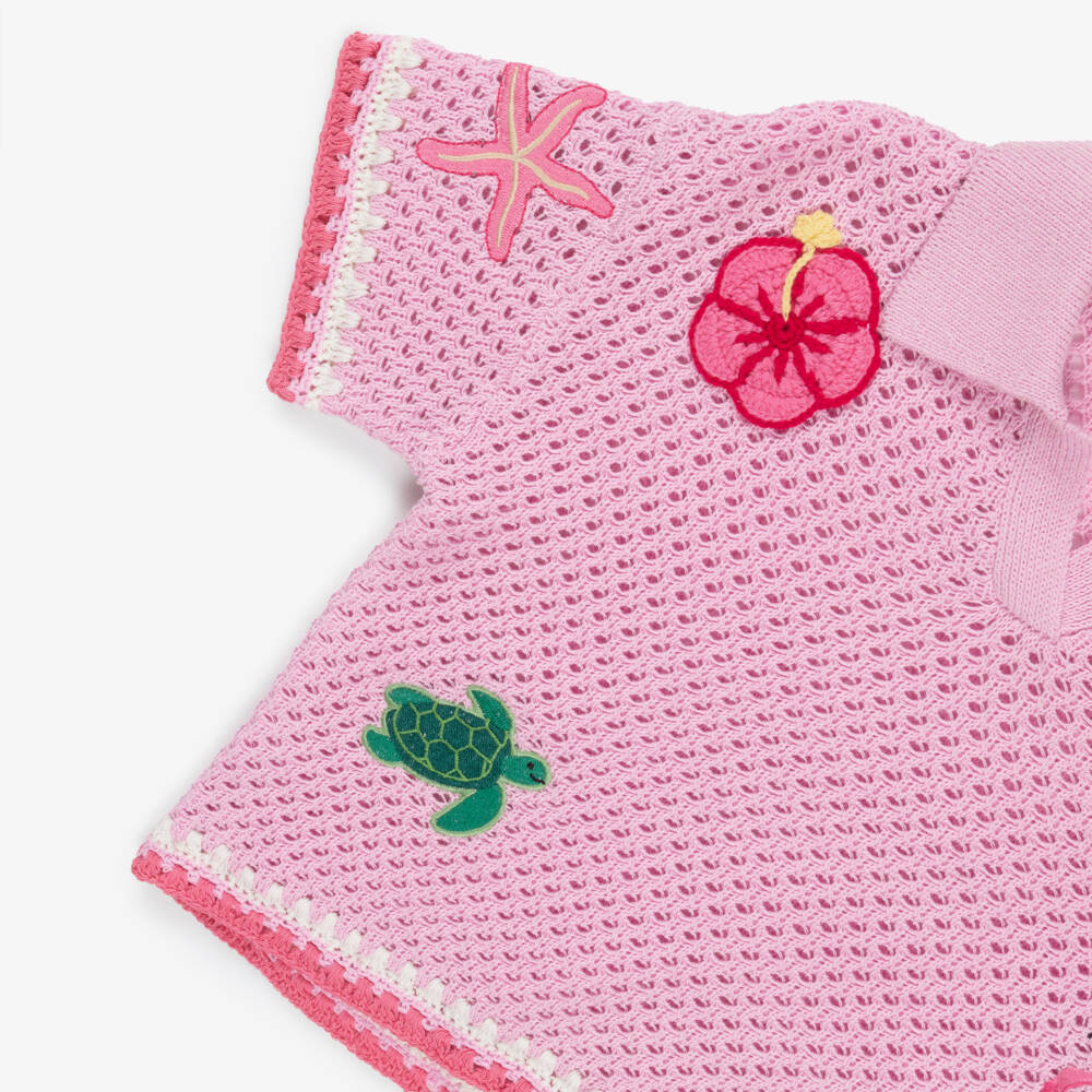 MC2 Saint Barth-Girls Pink Crochet Knit Beach Top with Tropical Motifs | Childrensalon