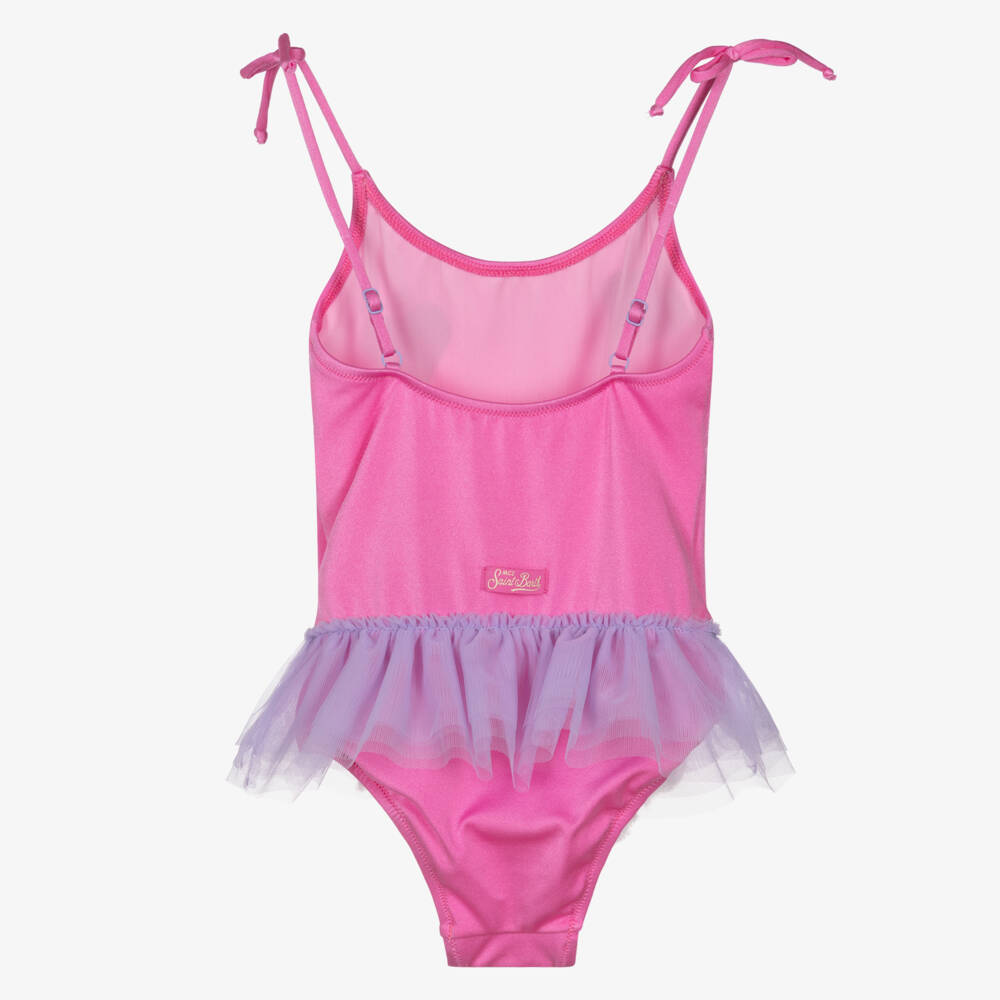 MC2 Saint Barth-Girls Pink Swimsuit with Purple Glitter Hearts | Childrensalon
