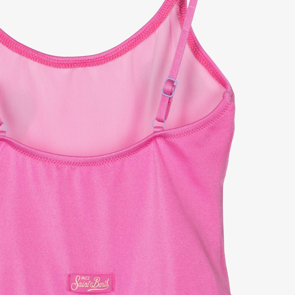 MC2 Saint Barth-Girls Pink Swimsuit with Purple Glitter Hearts | Childrensalon