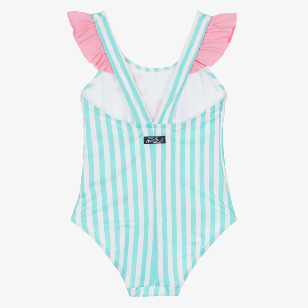 MC2 Saint Barth-Girls White & Green Stripe Minnie Mouse Swimsuit | Childrensalon