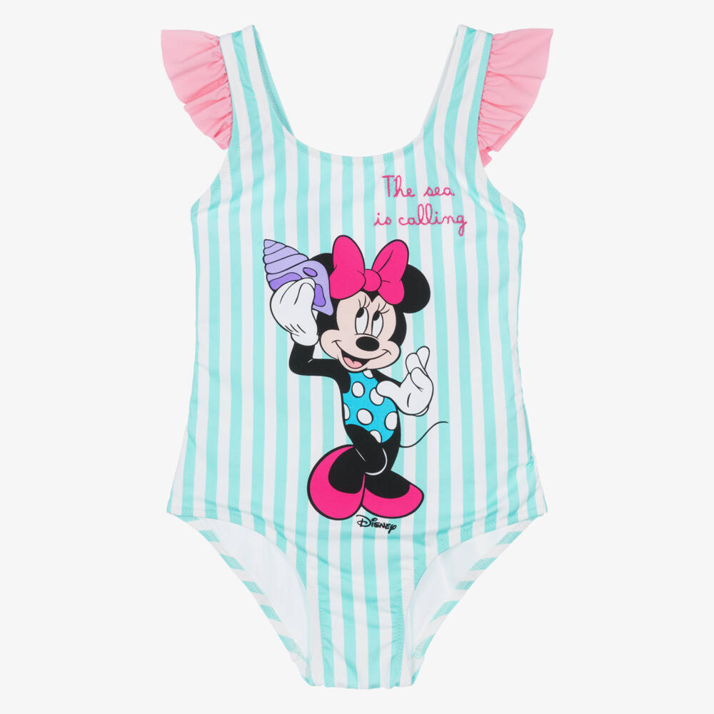 MC2 Saint Barth-Girls White & Green Stripe Minnie Mouse Swimsuit | Childrensalon
