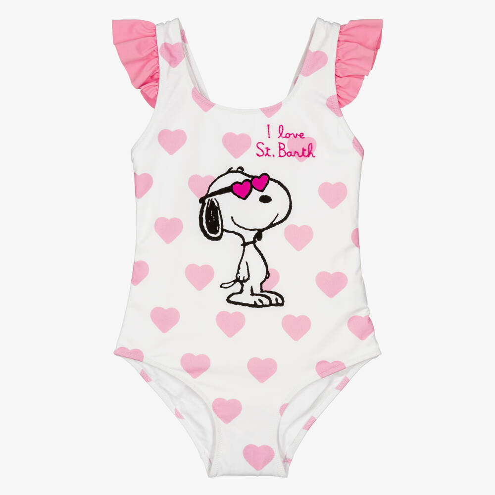 MC2 Saint Barth-Girls White & Pink Heart Print Snoopy Swimsuit | Childrensalon