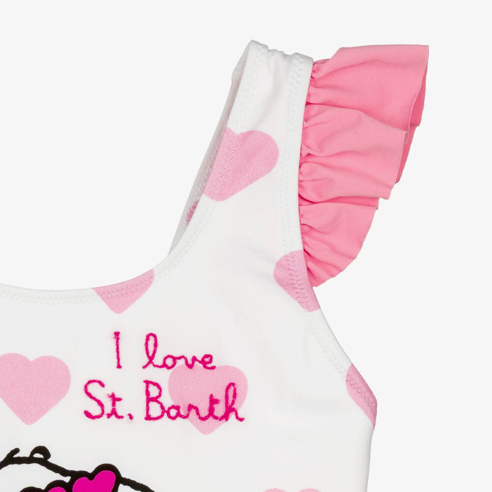 MC2 Saint Barth-Girls White & Pink Heart Print Snoopy Swimsuit | Childrensalon