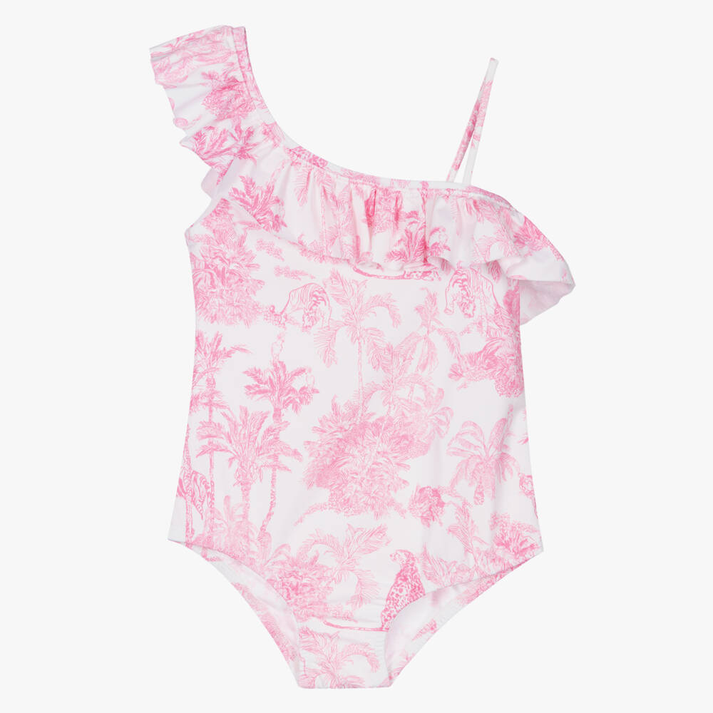 MC2 Saint Barth-Girls White & Pink Jungle Print Asymmetric Swimsuit | Childrensalon