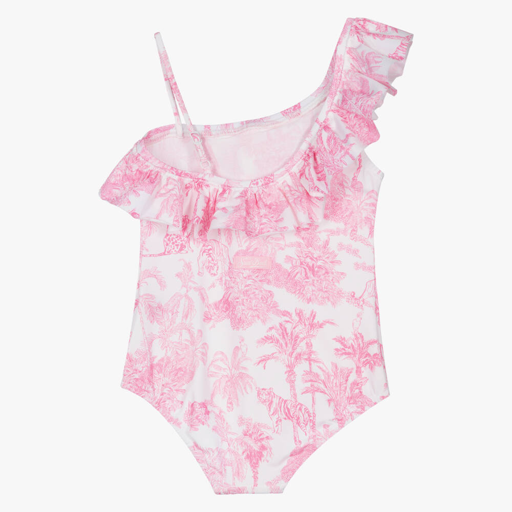MC2 Saint Barth-Girls White & Pink Jungle Print Asymmetric Swimsuit | Childrensalon