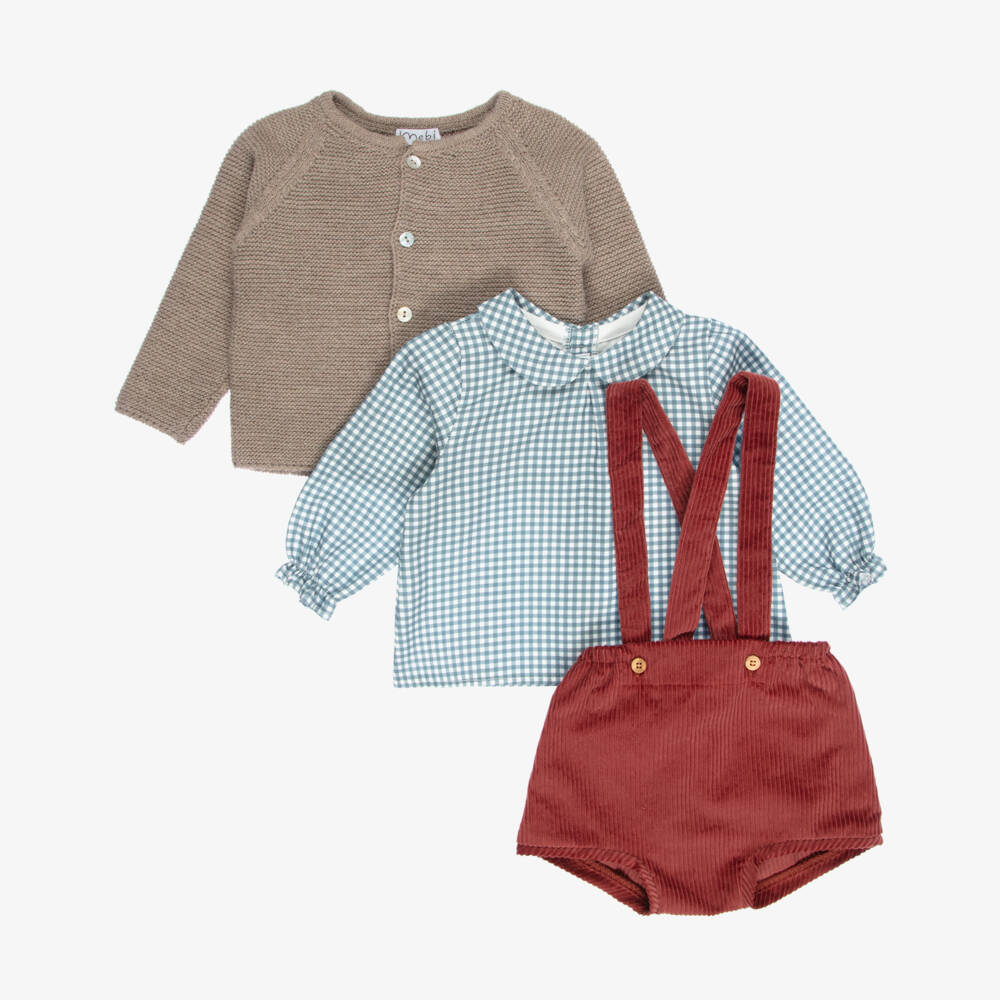 Mebi-Baby Boys Beige Cardigan & Red Shorts Set | Childrensalon