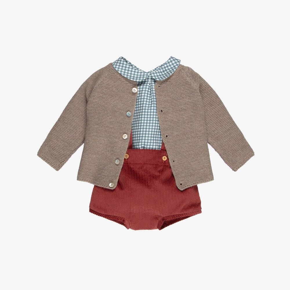 Mebi-Baby Boys Beige Cardigan & Red Shorts Set | Childrensalon