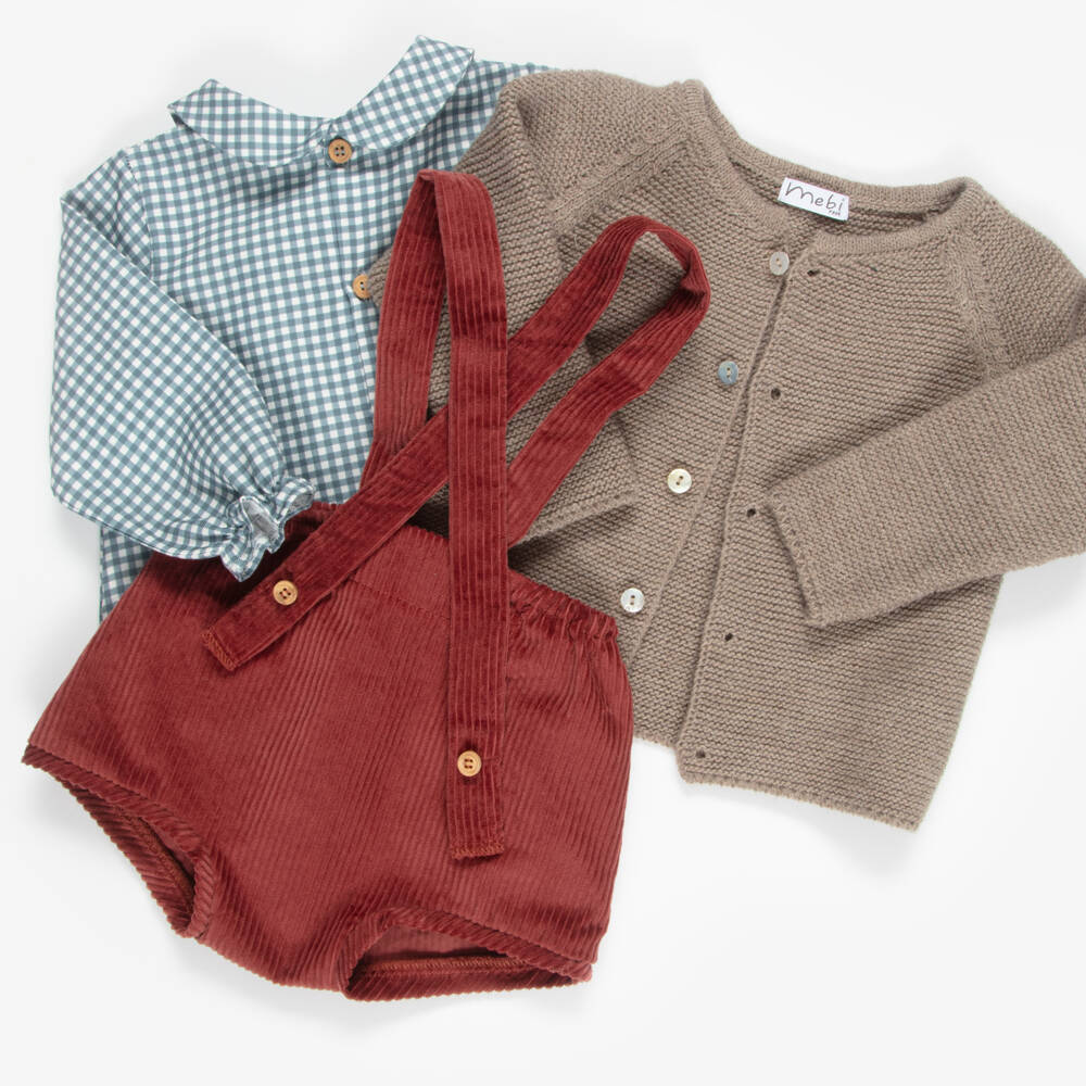 Mebi-Baby Boys Brown Cardigan & Red Shorts Set | Childrensalon