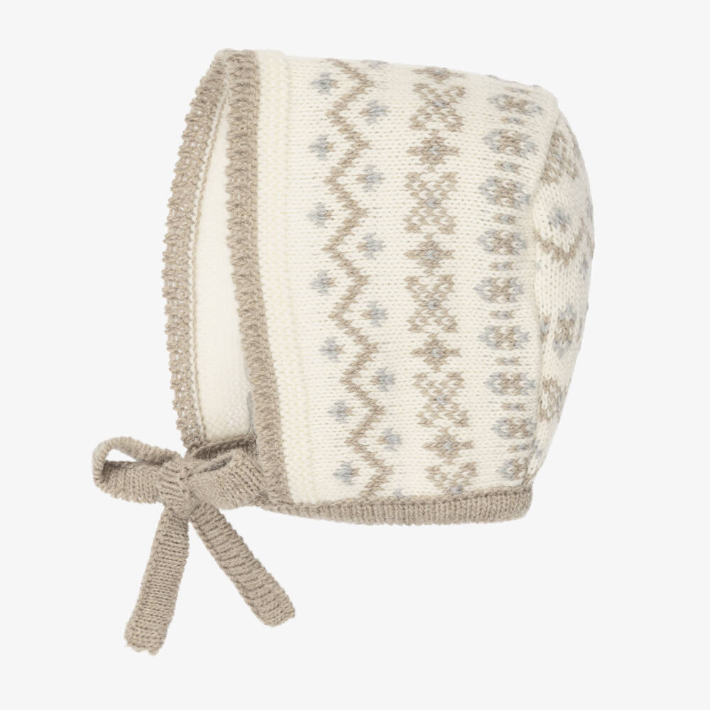 Mebi-Baby Boys Ivory & Beige Fair Isle Bonnet | Childrensalon