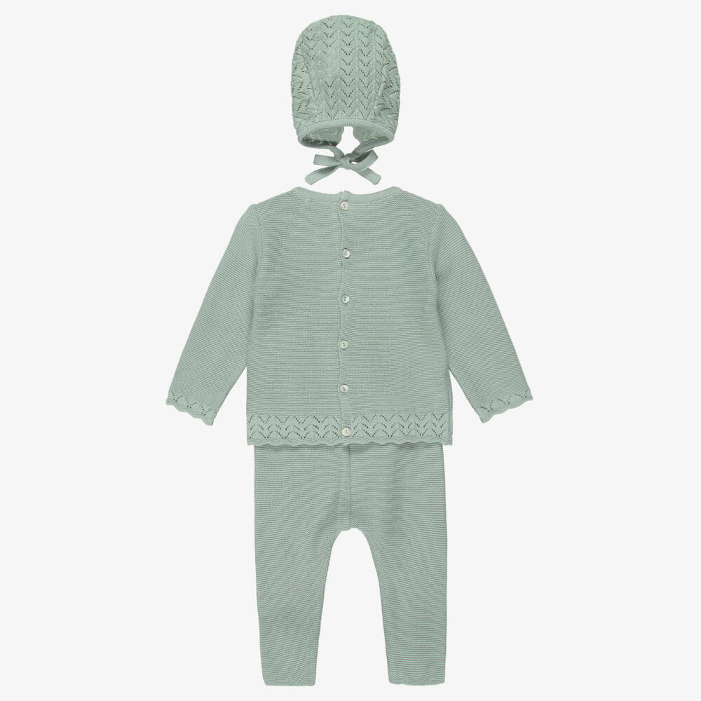 Mebi-Baby Boys Light Green Knitted Cotton Babygrow Set | Childrensalon
