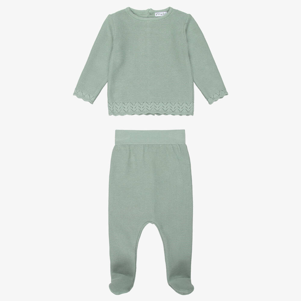 Mebi-Baby Boys Light Green Knitted Cotton Babygrow Set | Childrensalon