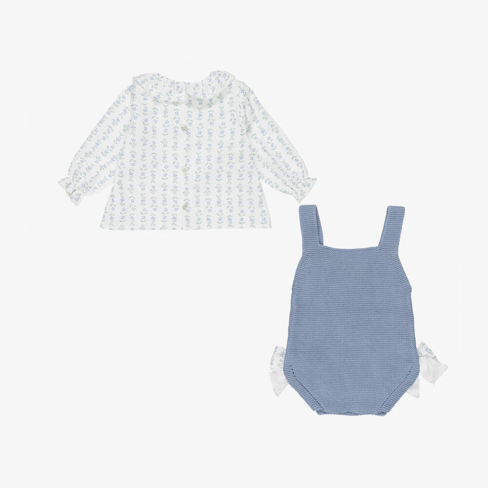 Mebi-Baby Girls Blue Cotton Knit Shortie Set with Floral Print | Childrensalon