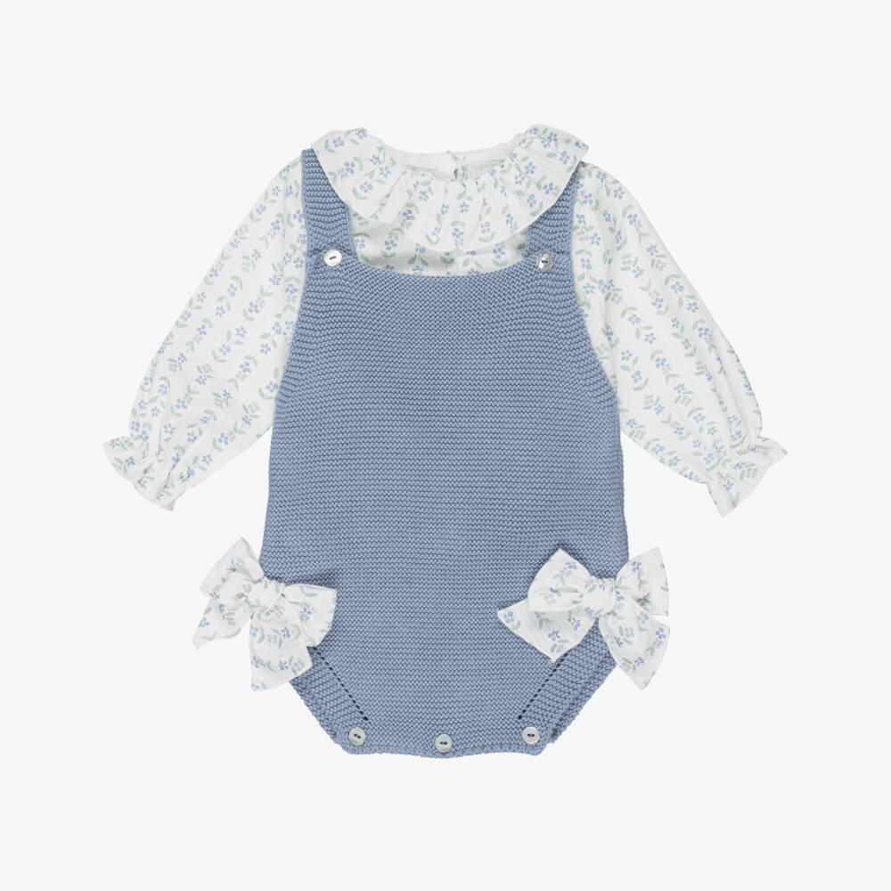 Mebi-Baby Girls Blue Cotton Knit Shortie Set with Floral Print | Childrensalon