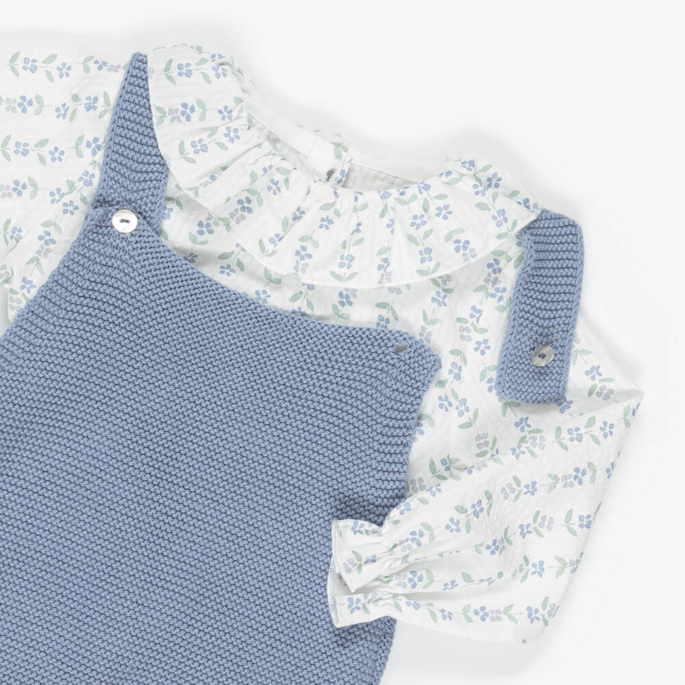Mebi-Baby Girls Blue Cotton Knit Shortie Set with Floral Print | Childrensalon