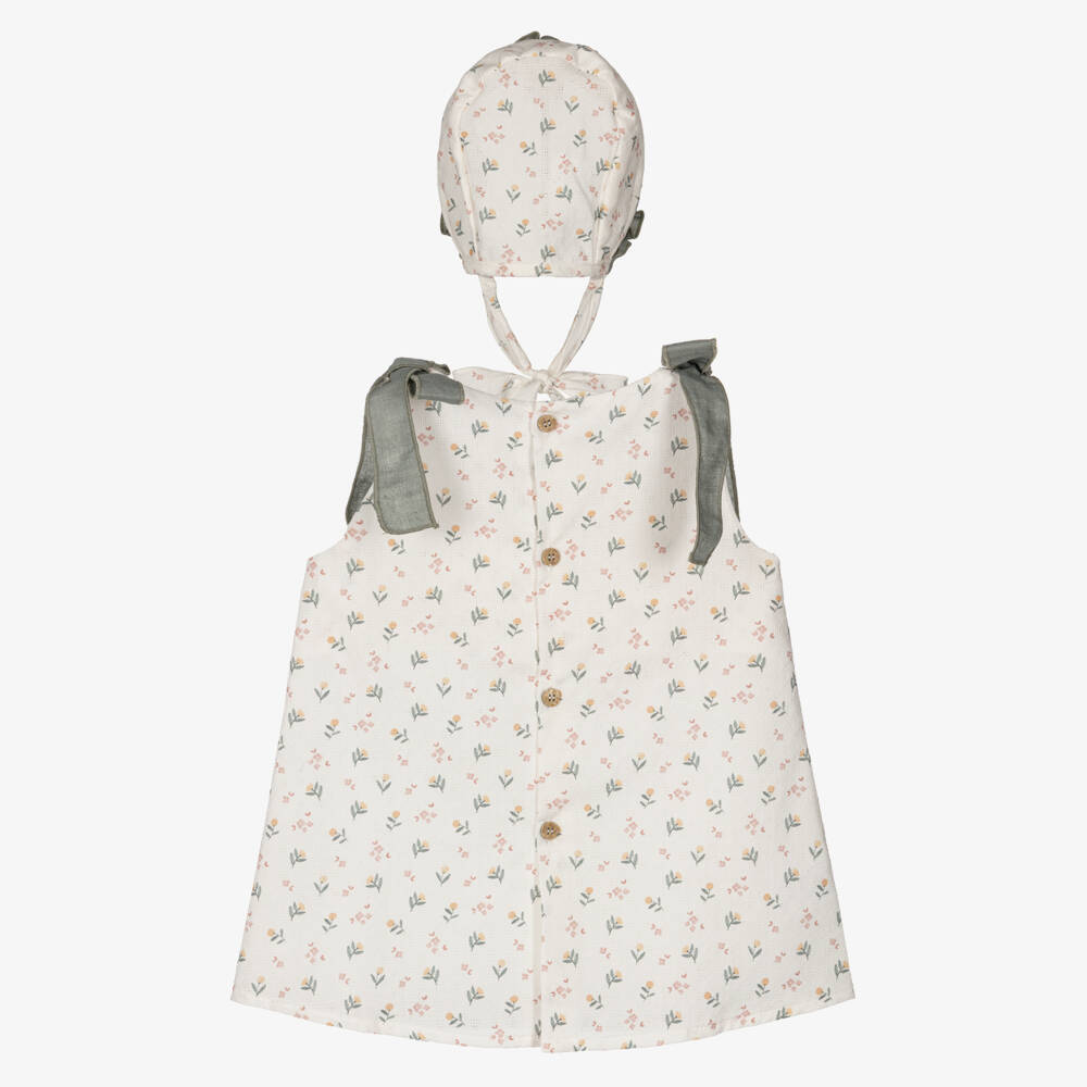 Mebi-Baby Girls Ivory & Green Floral Cotton Dress with Bonnet | Childrensalon