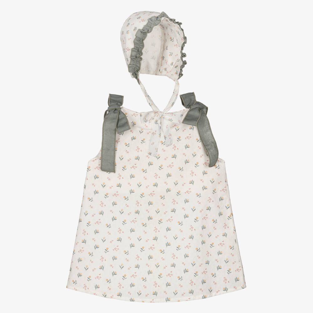 Mebi-Baby Girls Ivory & Green Floral Cotton Dress with Bonnet | Childrensalon