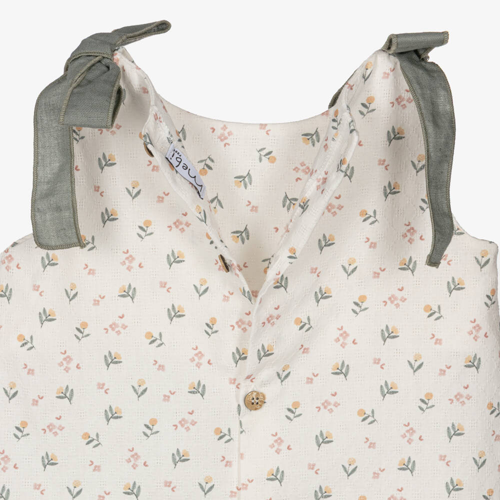 Mebi-Baby Girls Ivory & Green Floral Cotton Dress with Bonnet | Childrensalon