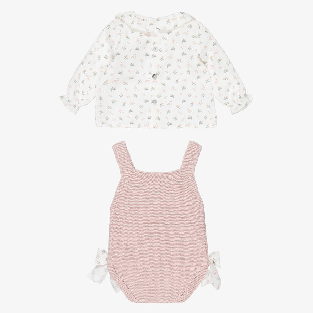 Mebi-Baby Girls Pink Cotton Knit Shortie Set with Floral Print | Childrensalon
