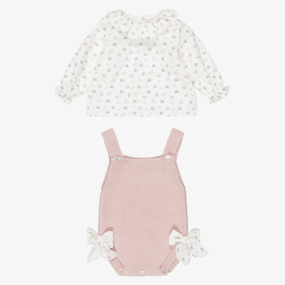 Mebi-Baby Girls Pink Cotton Knit Shortie Set with Floral Print | Childrensalon
