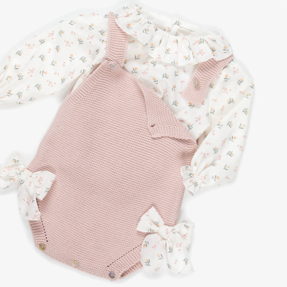 Mebi-Baby Girls Pink Cotton Knit Shortie Set with Floral Print | Childrensalon