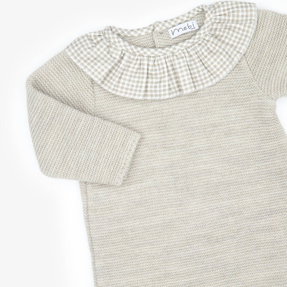 Mebi-Beige Knitted Babygrow with Gingham Ruffle Collar | Childrensalon