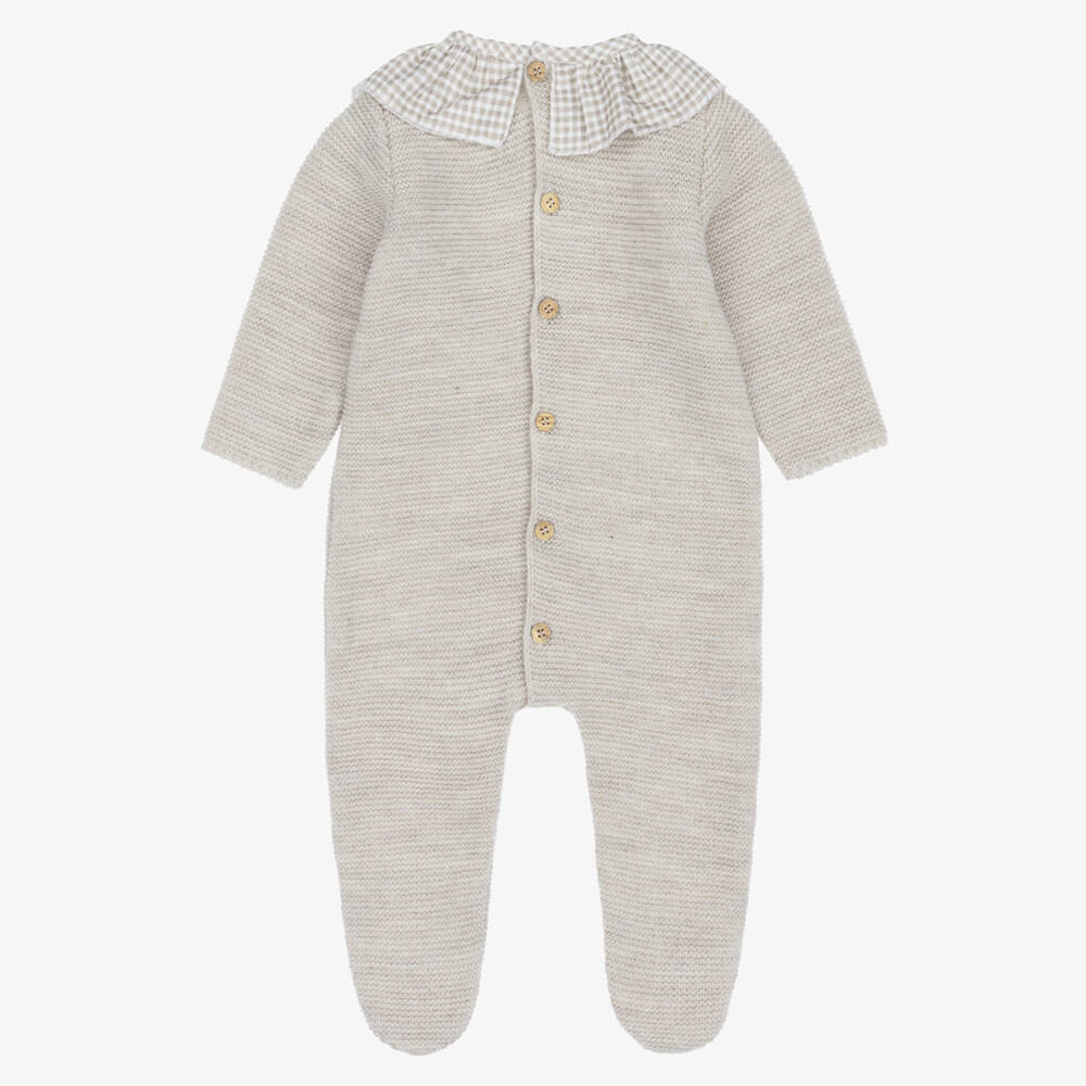 Mebi-Beige Knitted Babygrow with Gingham Ruffle Collar | Childrensalon