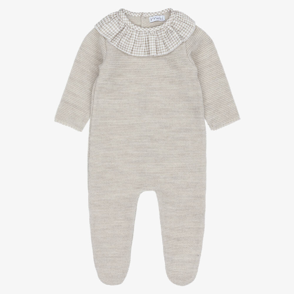 Mebi-Beige Knitted Babygrow with Gingham Ruffle Collar | Childrensalon