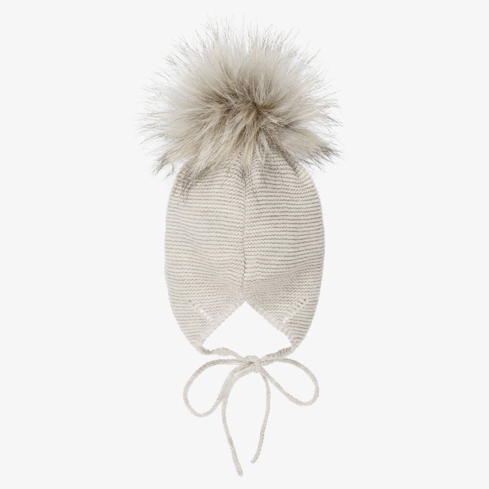 Mebi-Beige Knitted Hat With Faux Fur Pom-Pom | Childrensalon