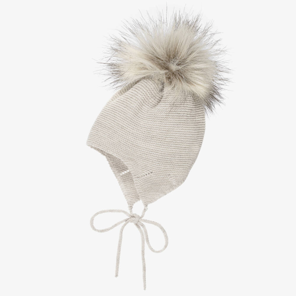 Mebi-Beige Knitted Hat With Faux Fur Pom-Pom | Childrensalon