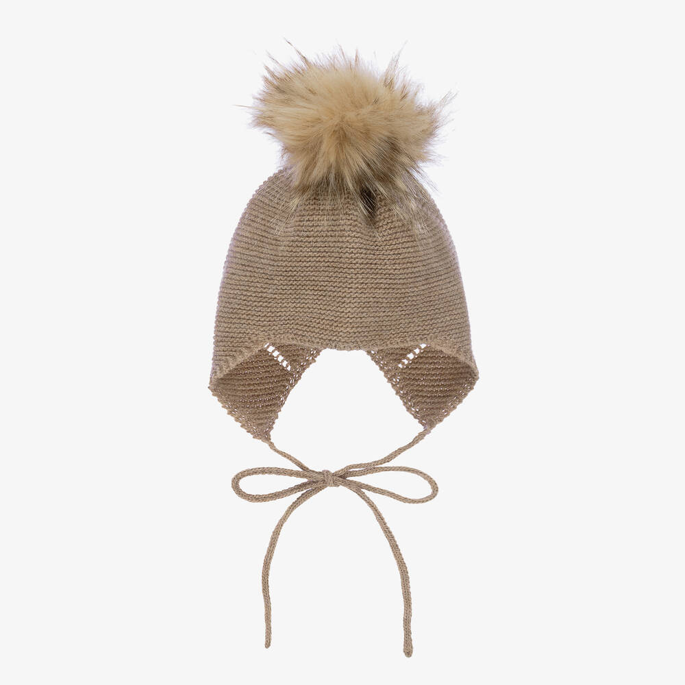 Mebi-Beige Knitted Wool & Alpaca Pom-Pom Hat | Childrensalon