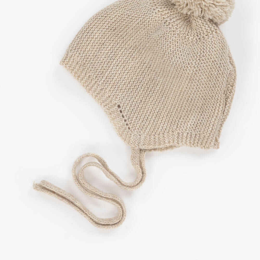 Mebi-Beige Knitted Wool & Alpaca Pom-Pom Hat | Childrensalon