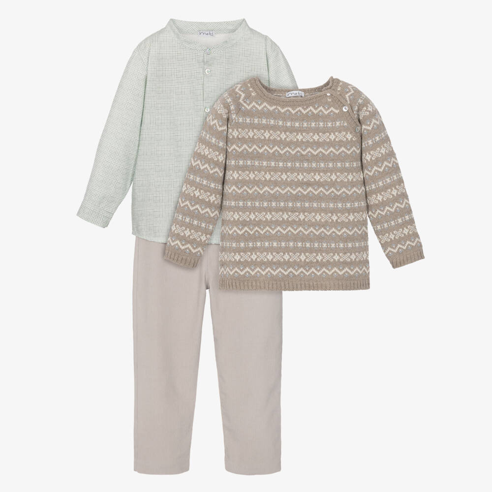Mebi-Boys Beige Fair Isle Sweater & Corduroy Trouser Set | Childrensalon