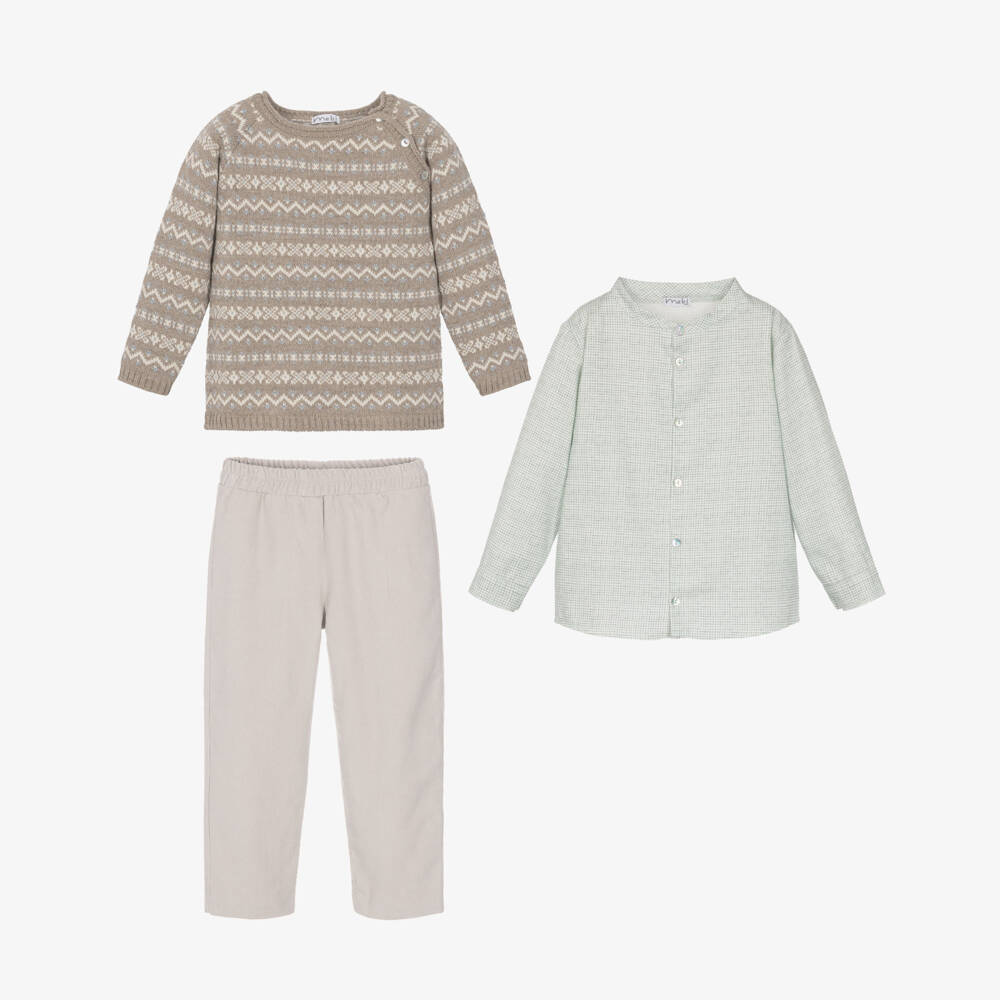 Mebi-Boys Beige Fair Isle Sweater & Corduroy Trouser Set | Childrensalon