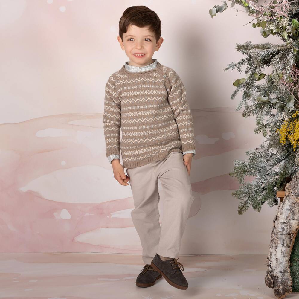 Mebi-Boys Beige Fair Isle Sweater & Corduroy Trouser Set | Childrensalon