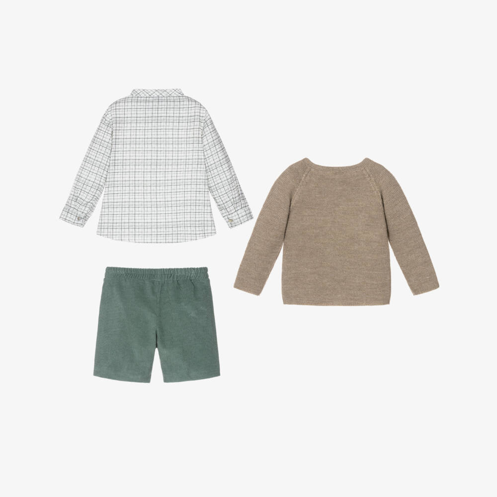 Mebi-Boys Beige & Green Corduroy Shorts Set | Childrensalon
