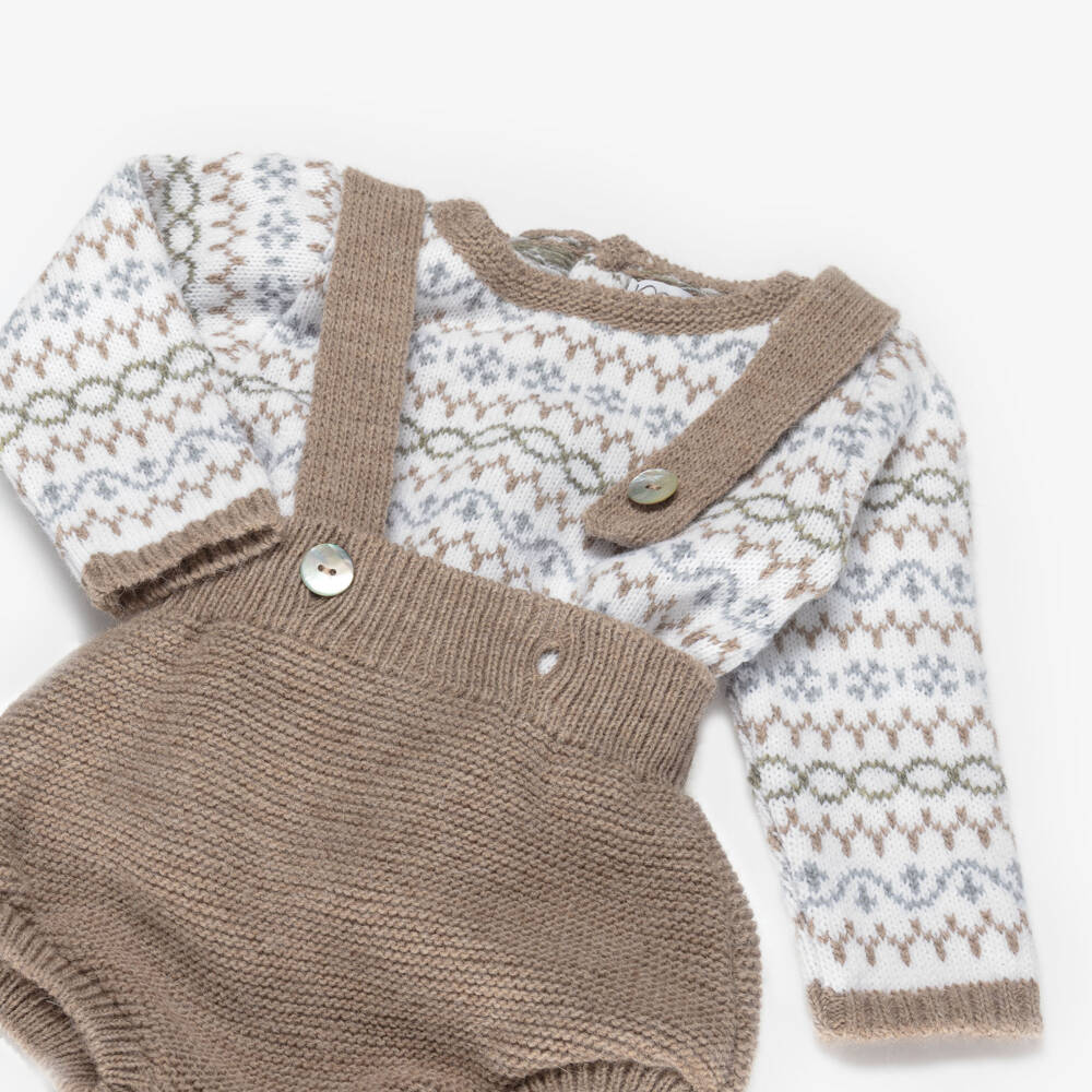 Mebi-Boys Beige & Ivory Wool & Alpaca Knitted Shorts Set | Childrensalon
