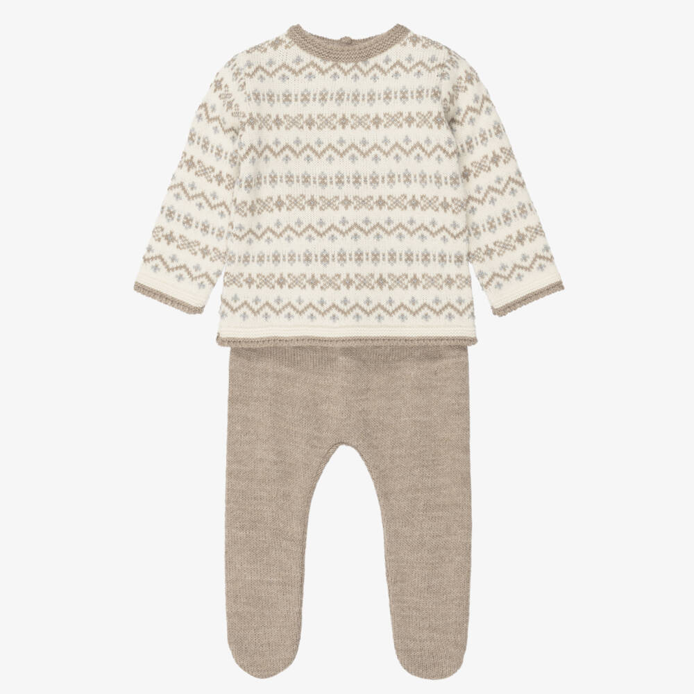 Mebi-Boys Beige Knitted Fair Isle 2 Piece Babygrow | Childrensalon
